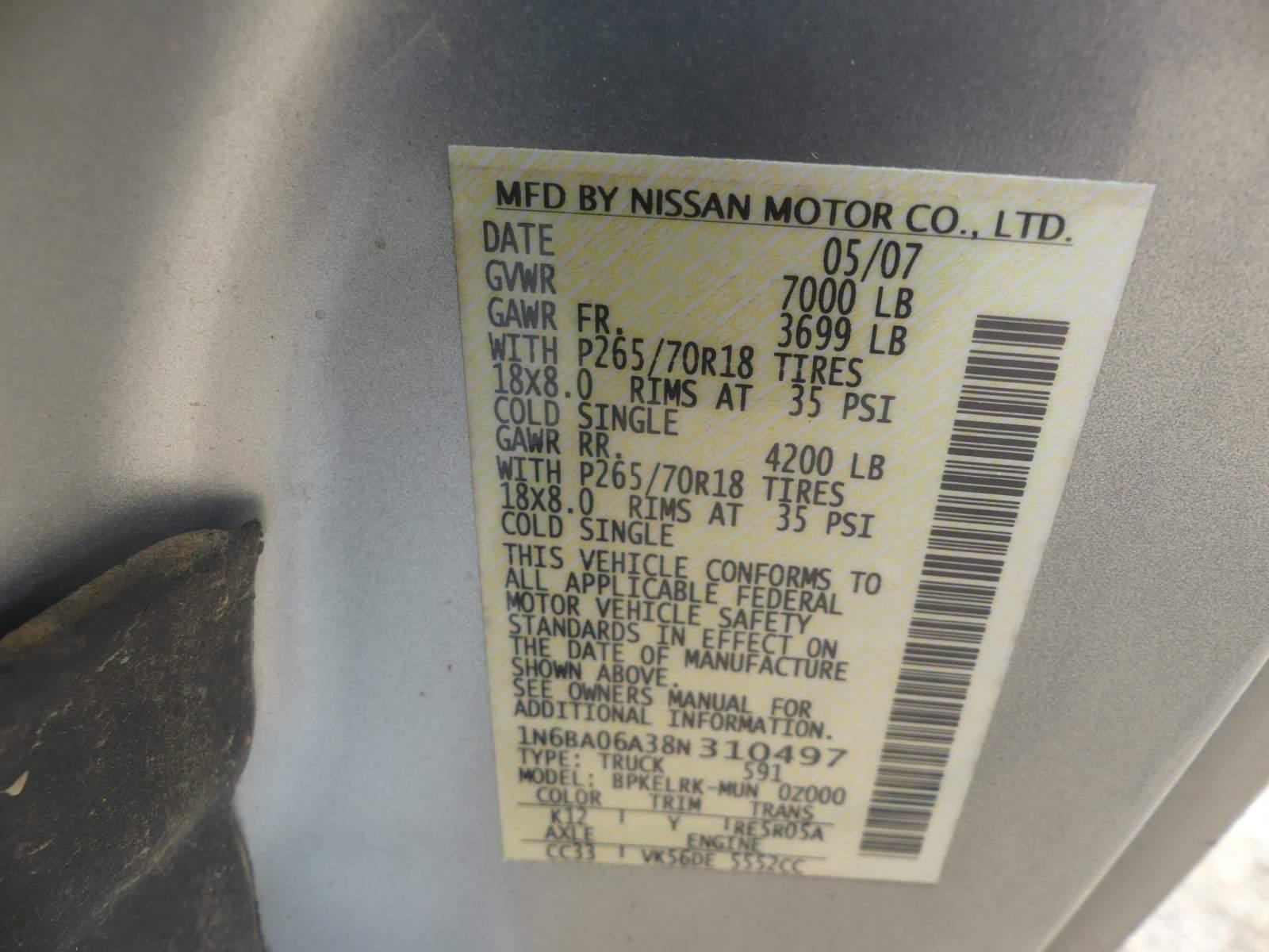 2008 Nissan Titan Pickup, s/n 1N6BA06A38N310497: Ext. Cab, 2wd, V8 Gas Eng.