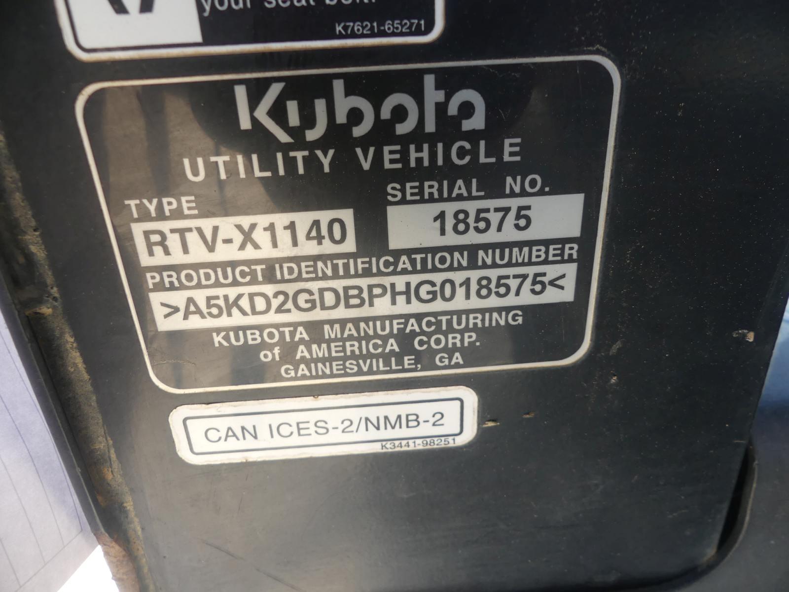 2017 Kubota RTV-X1140 Utility Vehicle, s/n 185751 (No Title - $50 Trauma Ca