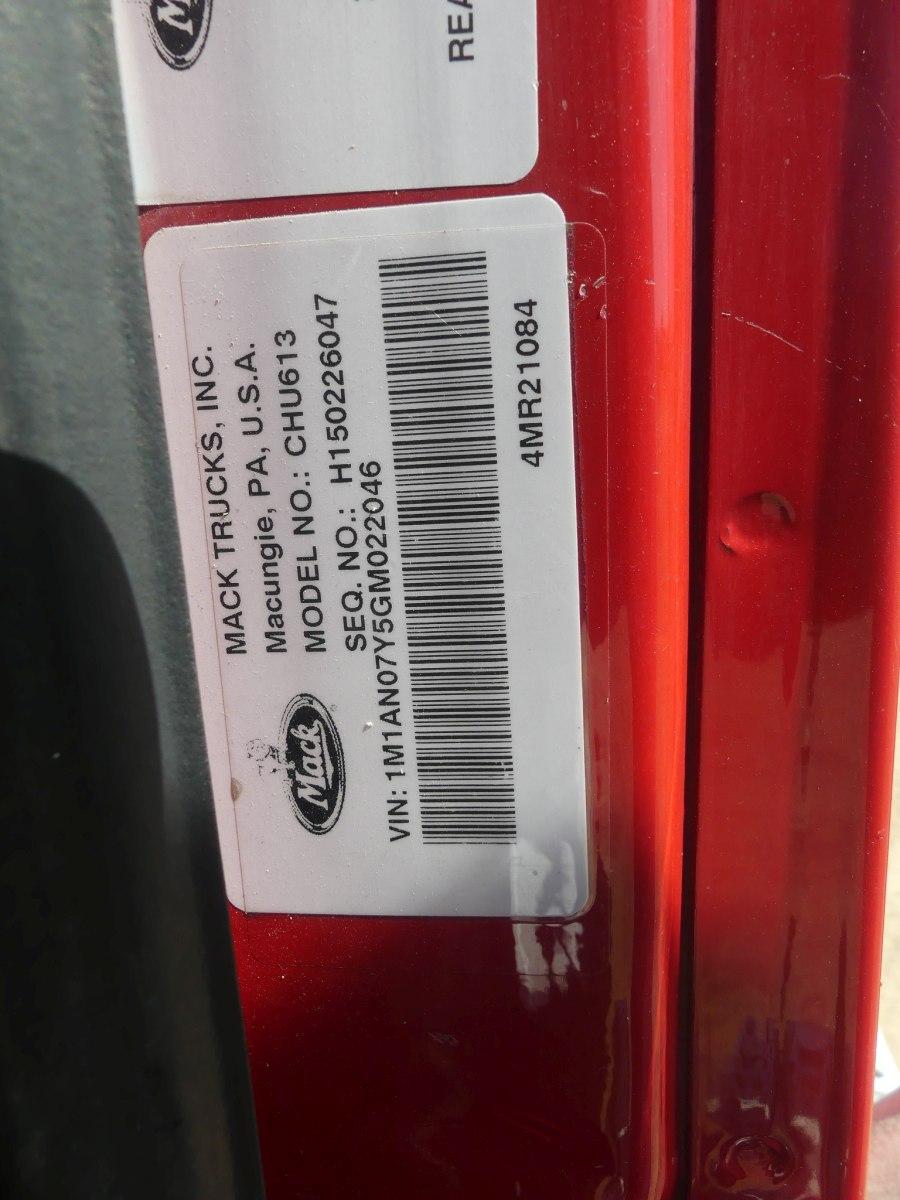 2016 Mack CHU613 Truck Tractor, s/n 1M1AN07Y5GM022046: T/A, Day Cab, Mack E