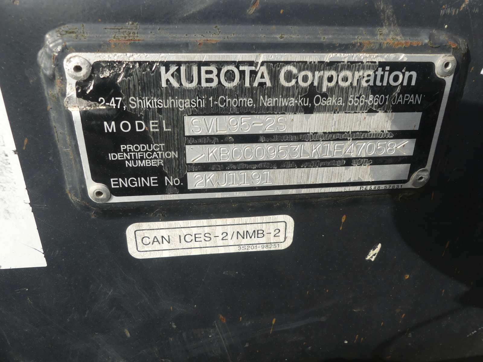 2019 Kubota SVL95-2S Skid Steer, s/n 47058: Encl. Cab, Rubber Tracks, Hyd.