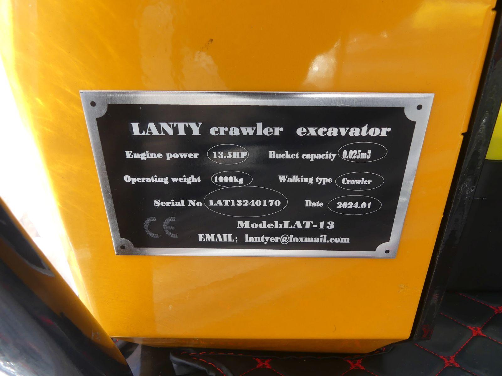 Unused 2024 Lanty LAT13 Mini Excavator, s/n LAT13240170: Rubber Tracks, 16"