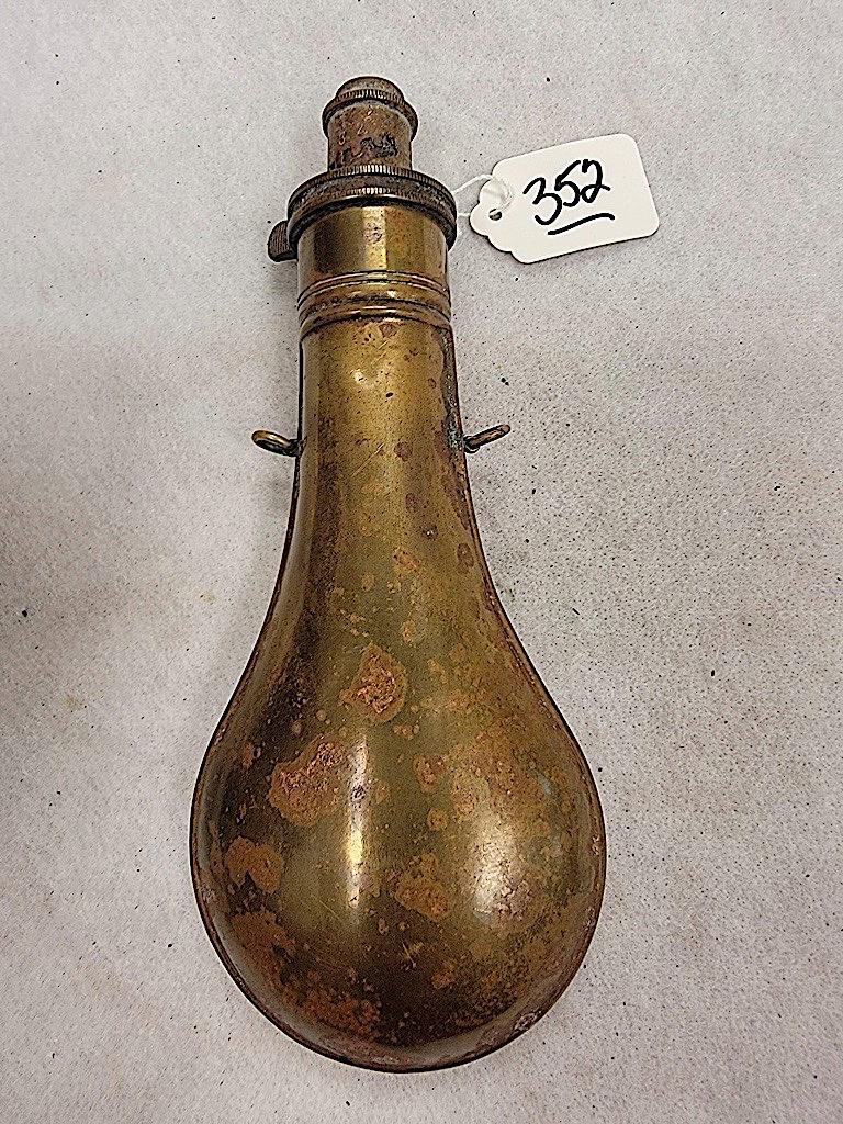 BRASS POWDER FLASK MARKED SYKES PATENT