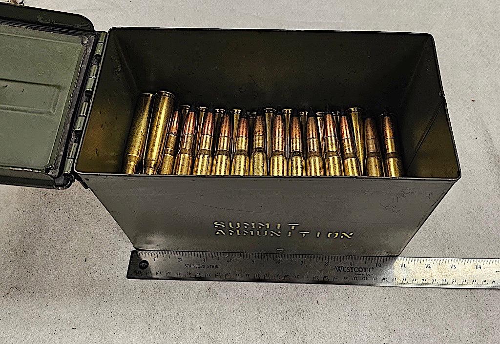 60 ROUNDS OF .50 BMG LOOSE BRASS AMMO IN SUMMIT METAL MILITARY AMMO BOX - M