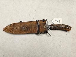 STAG HANDLED DAGGER KNIFE (WRITING UNREADABLE) WITH SHEATH