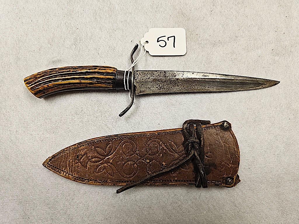 STAG HANDLED DAGGER KNIFE (WRITING UNREADABLE) WITH SHEATH