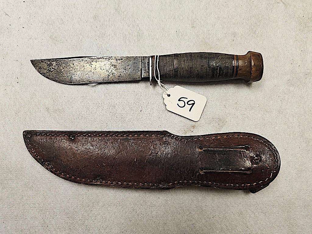 KABAR OLEAN NY LEATHER HANDLE FIGHTING KNIFE WITH SHEATH