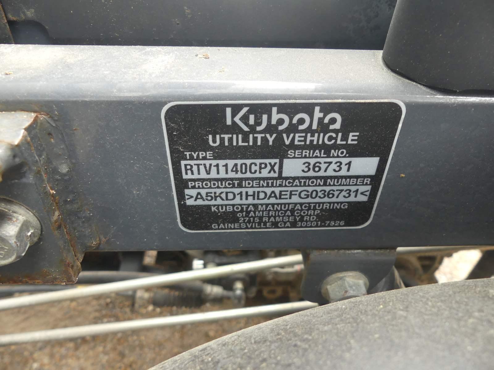 2015 Kubota RTV1140CPX Utility Vehicle, s/n A5KD1HDAEFG036731 (No Title - $