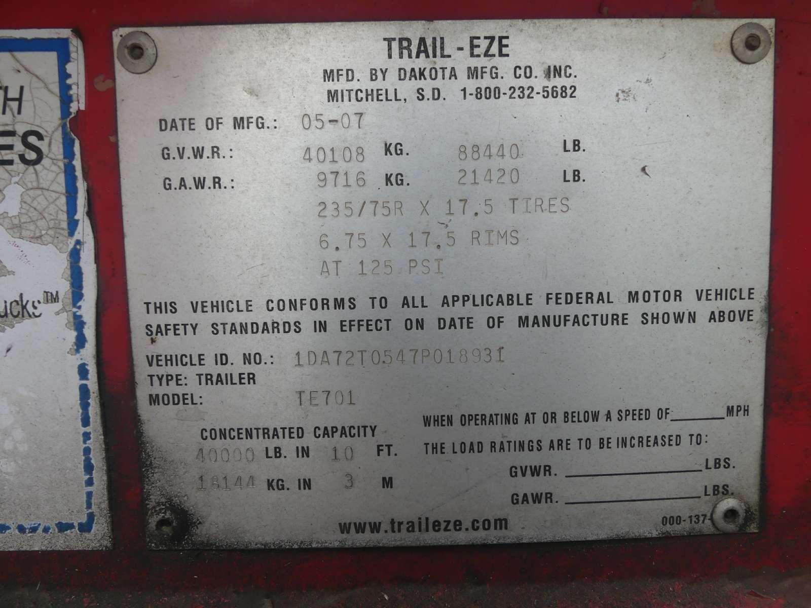 2007 Trail-Eze TE701 Hyd. Roll Trailer, s/n 1DA72T0S47P018931: T/A, Winch