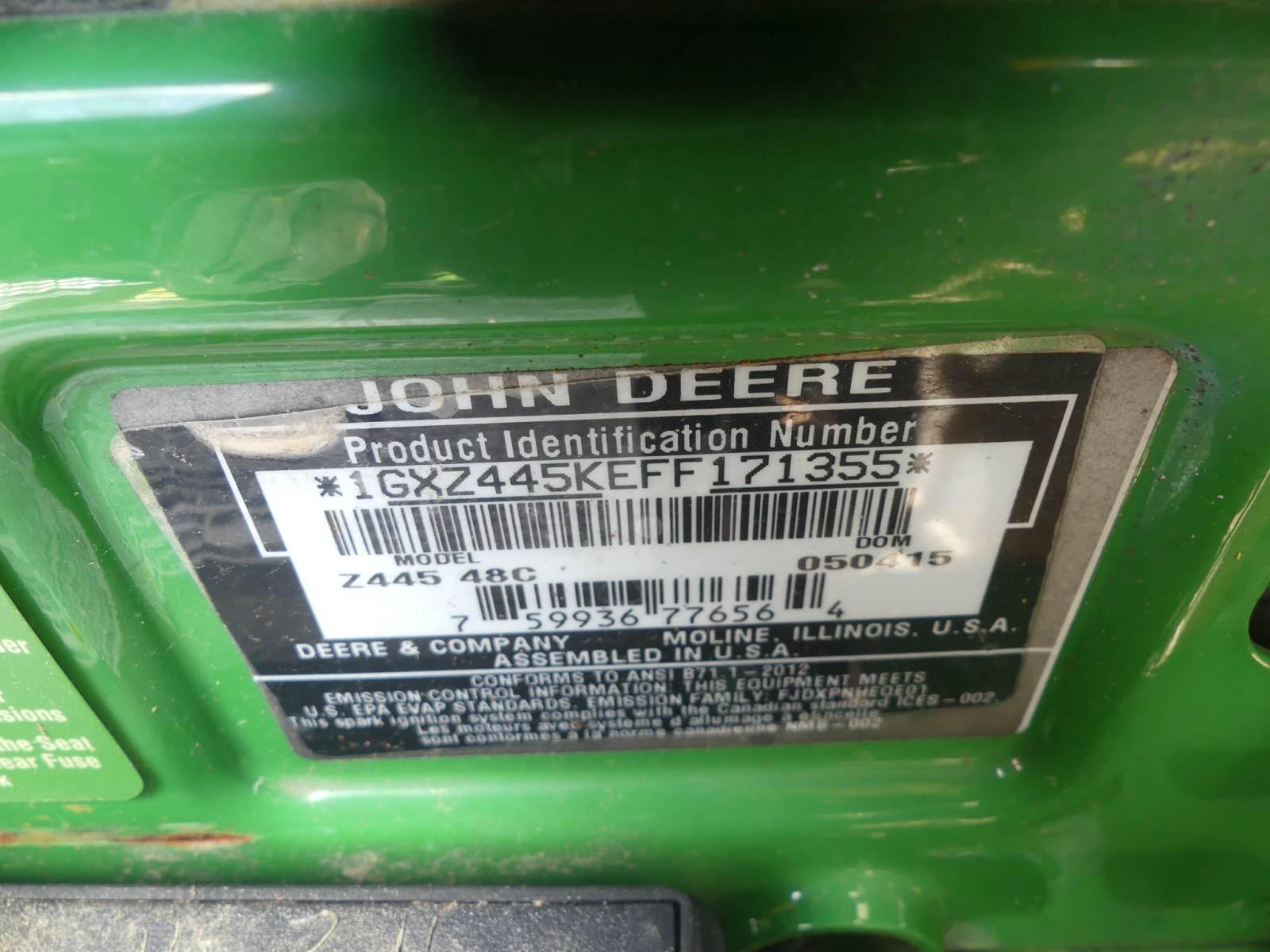 John Deere Z445 Zero-turn Mower, s/n 1GXZ445KEFF171355: Gas Eng., 48" Deck,