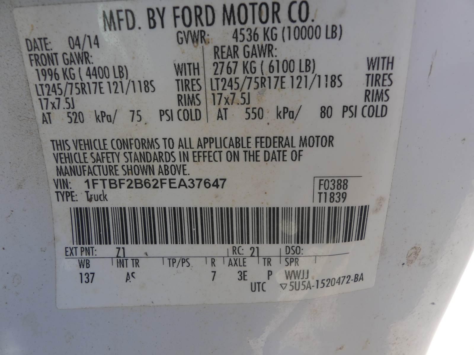 2015 Ford F250 4WD Pickup, s/n 1FTBF2B62FEA37647 (Inoperable): Reg. Cab, Cr