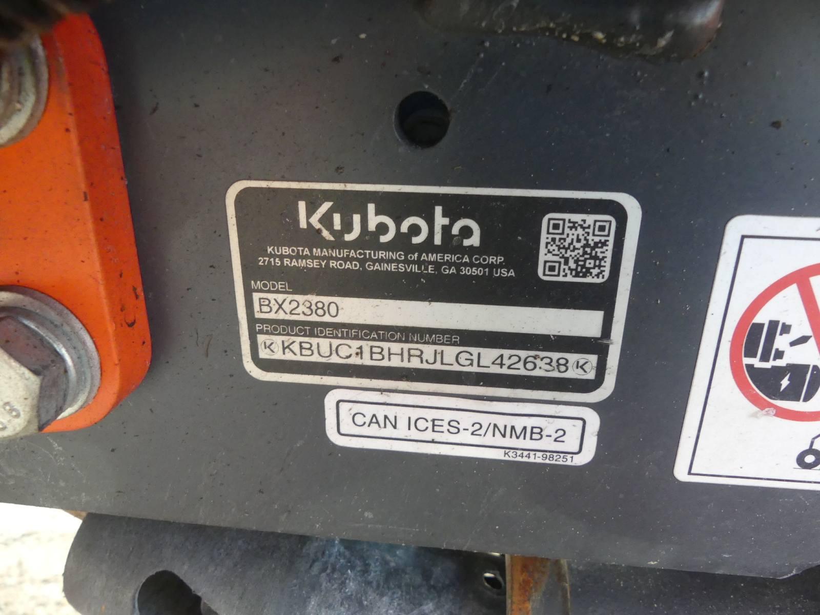 2020 Kubota BX2380 MFWD Tractor, s/n KBUC1BHRJLGL42638: Rollbar, LA344 Load