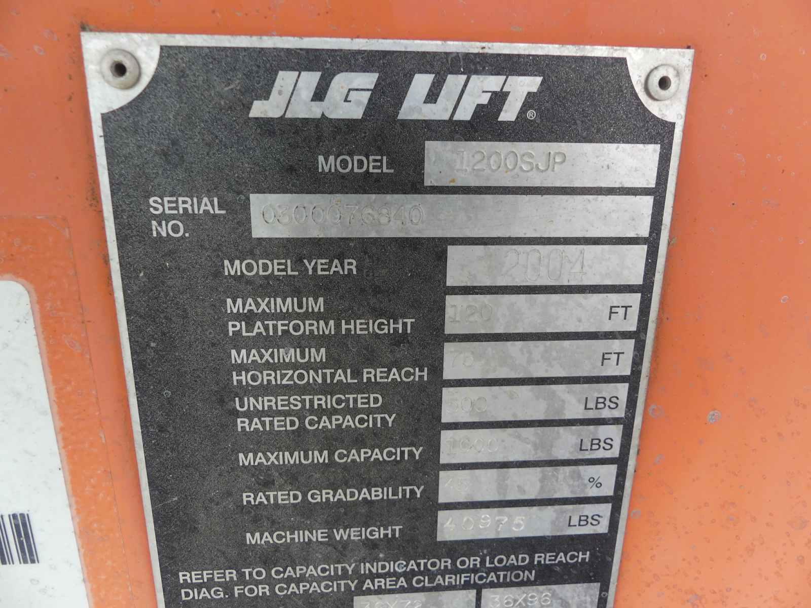 2004 JLG 1200SJP 4WD Boom-type Manlift, s/n 0300076840: 120' Reach, 1000 lb