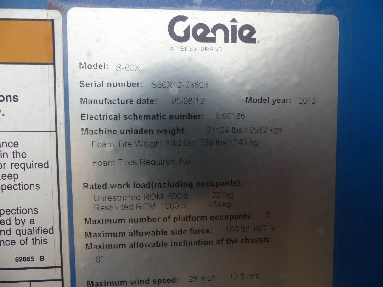 Genie S60X 4WD Boom-type Manlift, s/n 23803: Deutz Diesel, 1000 lb. Cap., 5