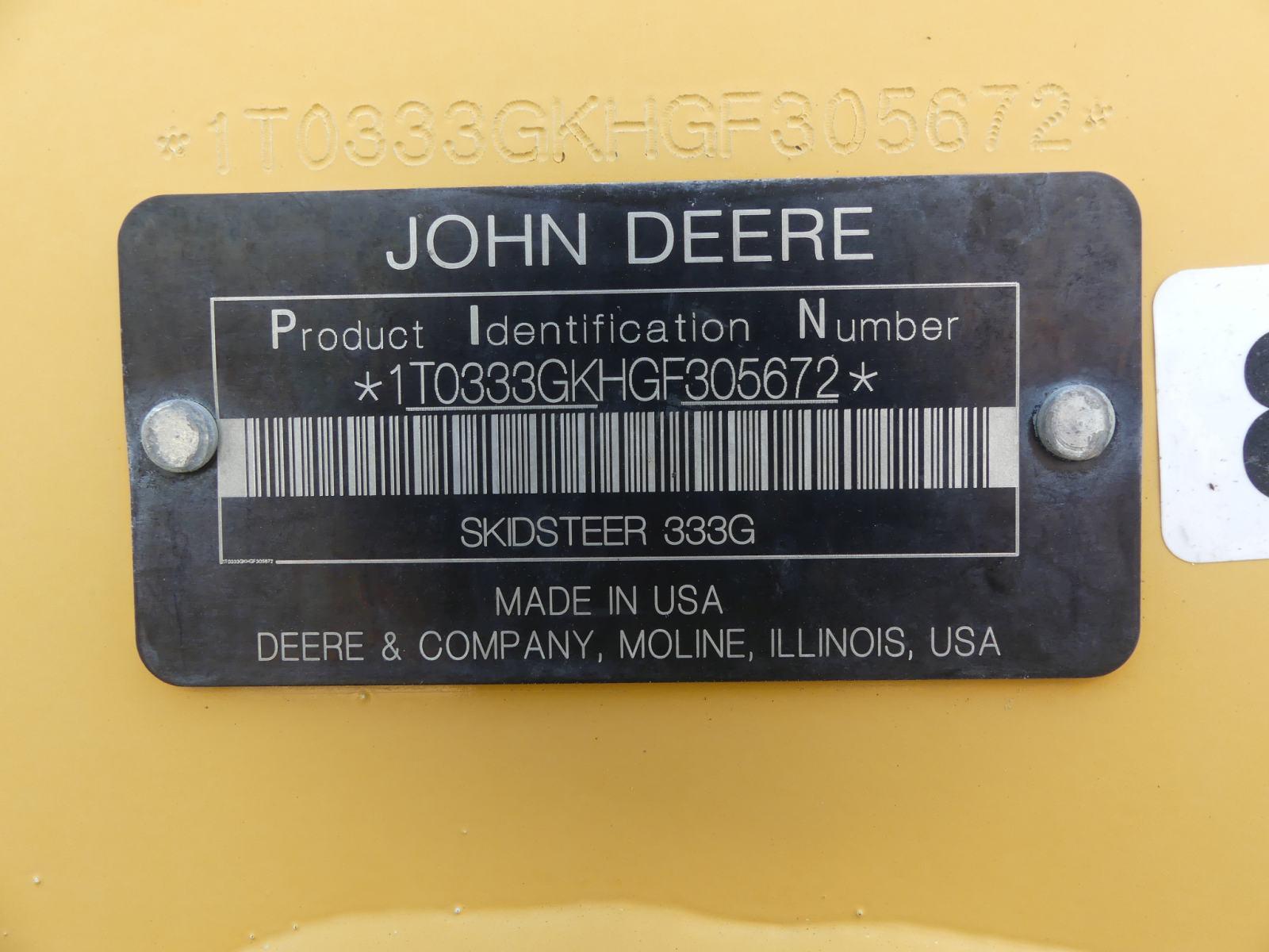 2016 John Deere 333G Skid Steer, s/n 1T0333GKHGF305672: Encl. Cab, GP Bkt.,