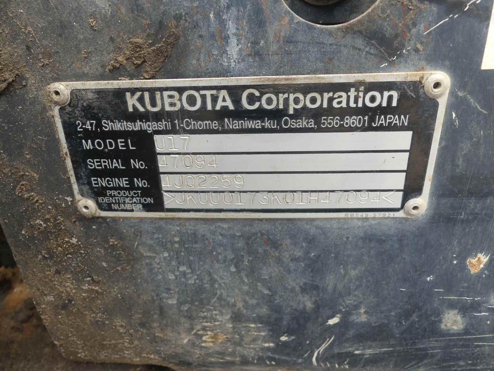 2019 Kubota U17 Mini Excavator, s/n JKUU0173K01H47094: 4-post Canopy, Rubbe