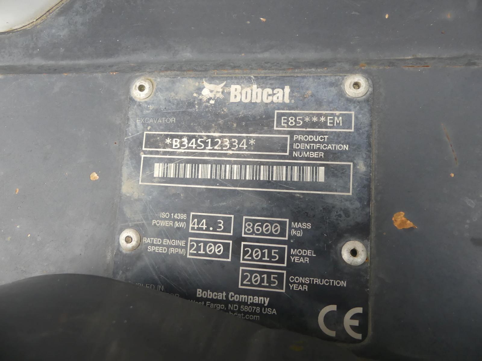 2015 Bobcat E85 Midi Excavator, s/n B34S12334: C/A, Heat, Blade, Rubber Tra