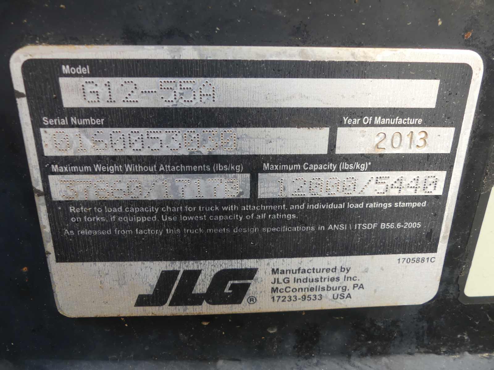 2013 JLG G12-55A Telescopic Forklift, s/n 0160053030: Cummins Diesel Eng.,