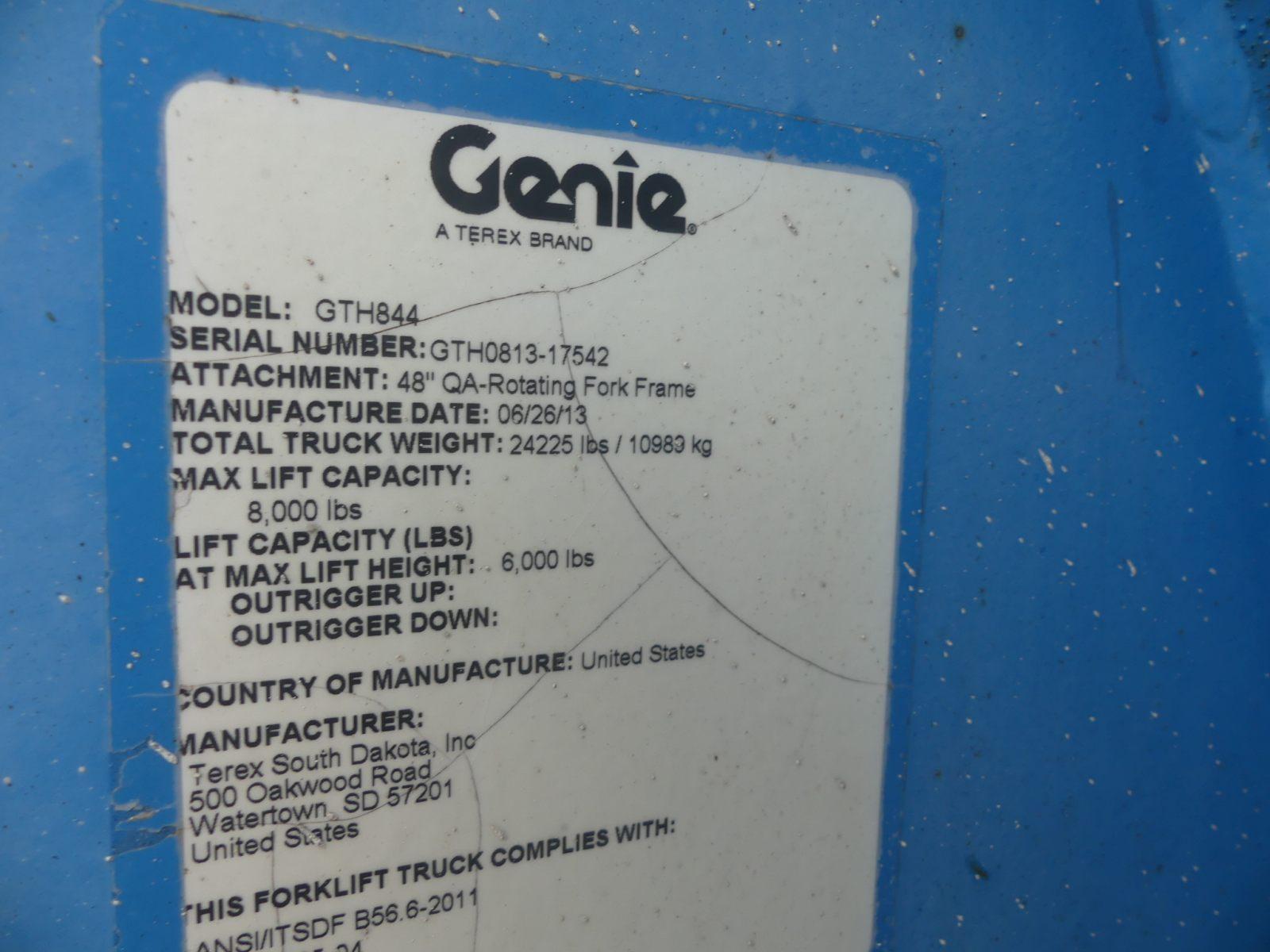 2013 Genie GTH-844 4WD Telescopic Forklift, s/n 17542: Canopy, Deutz Diesel