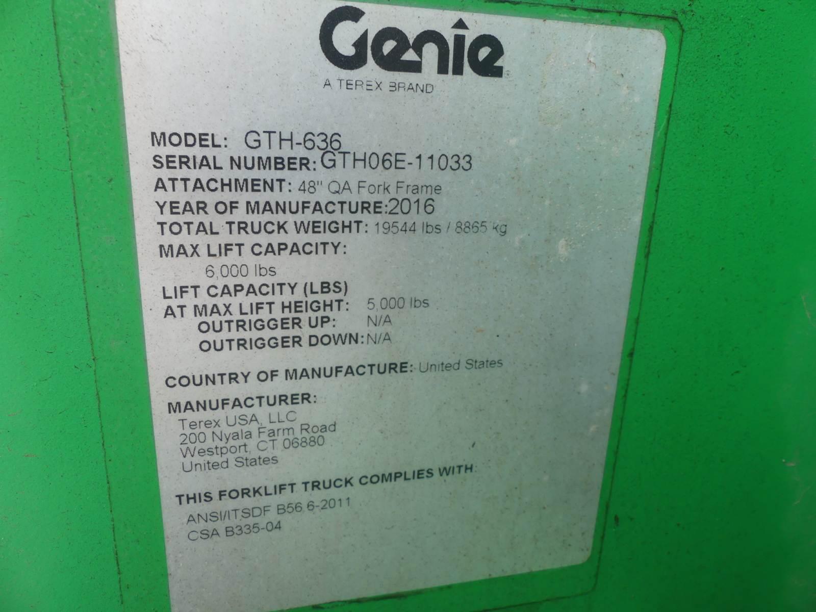 2016 Genie GTH-636 Telescopic Forklift, s/n GTH06E-11033: Canopy, 48" Forks