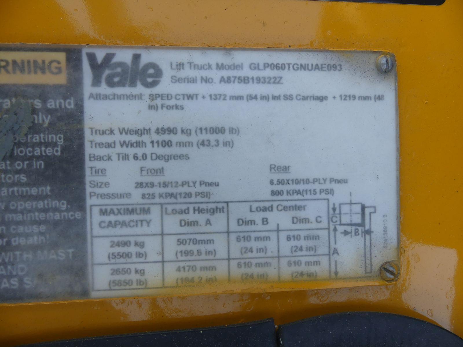 Yale GLP060TG Forklift, s/n A875B193222: LP Gas, Triple State Mast, Side Sh