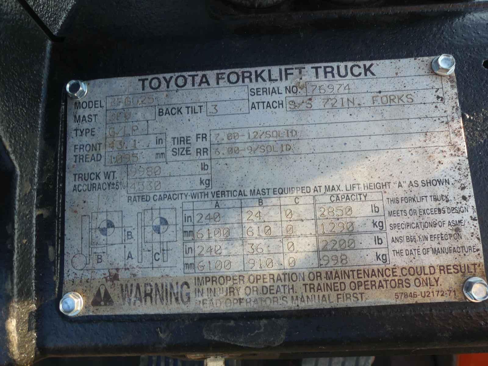 Toyota 7FGU25 Forklift, s/n 76974: LP Gas, 2850 lb Cap., Side Shift