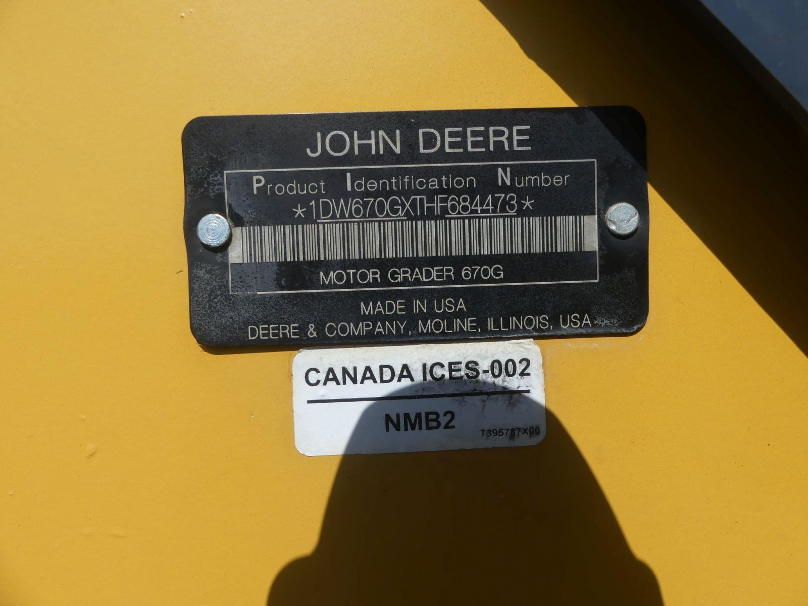 2017 John Deere 670G Motor Grader, s/n 1DW670GXTHF684473: Encl. Cab, 14' Mo