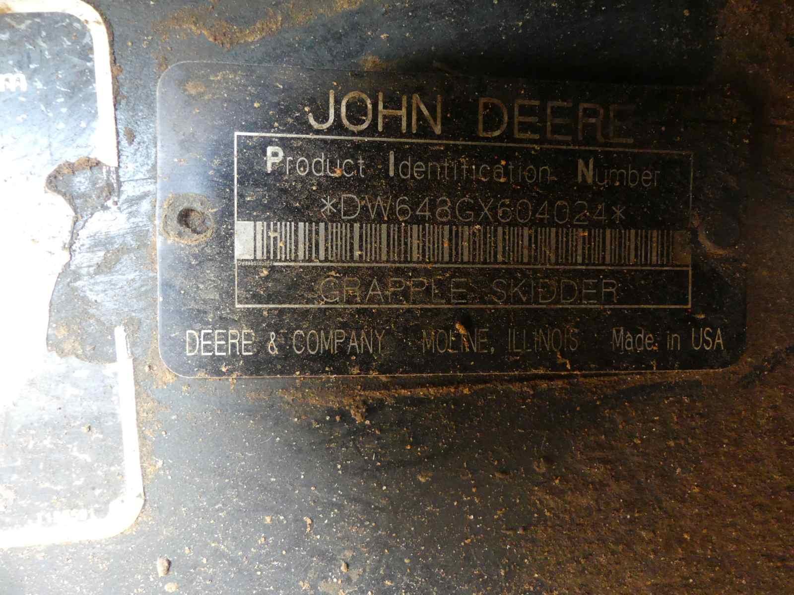 John Deere 648G Grapple Skidder, s/n DW648GX604024: Blade, Meter Shows 3082