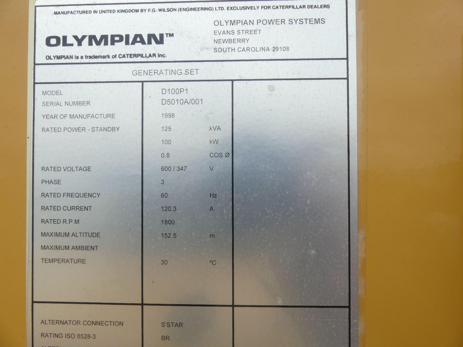 1998 Olympian D100P1 Generator, s/n D5010A001: 100KW, 3-phase, Meter Shows