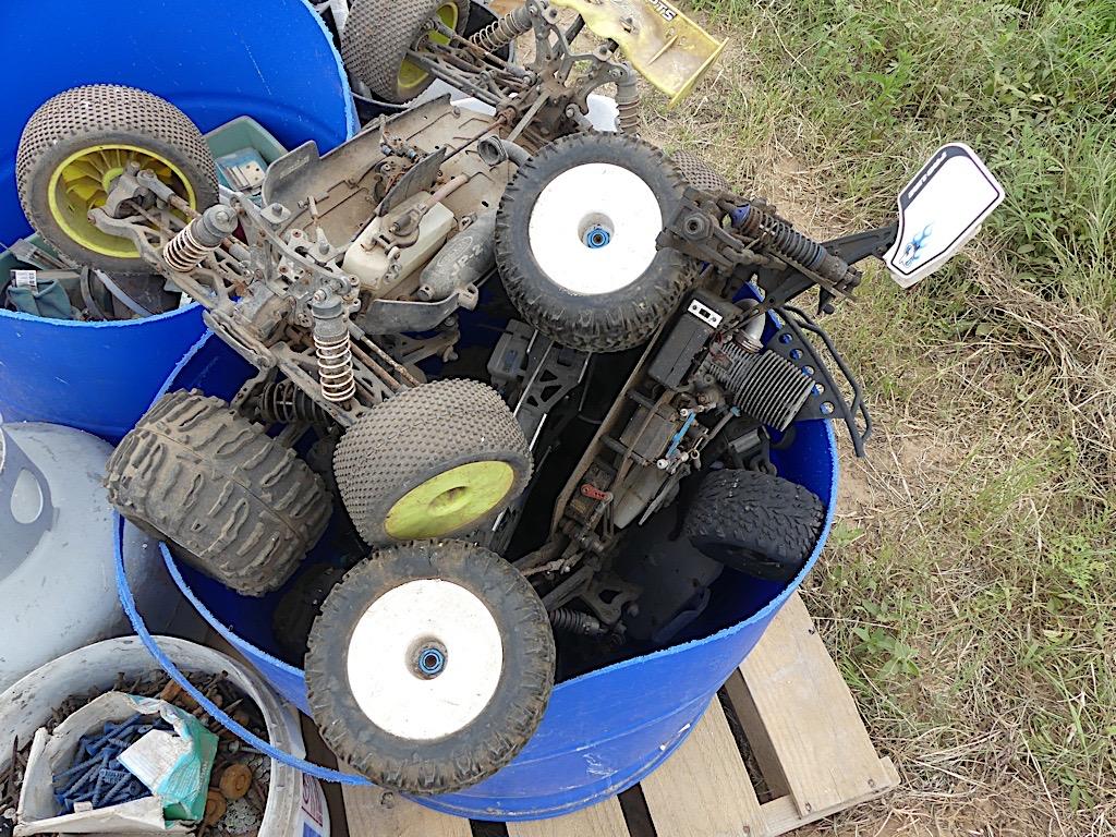 Propane Tank, 2 Large Blue Tubs Misc Items, 2 Buckets of Nails and Screws
