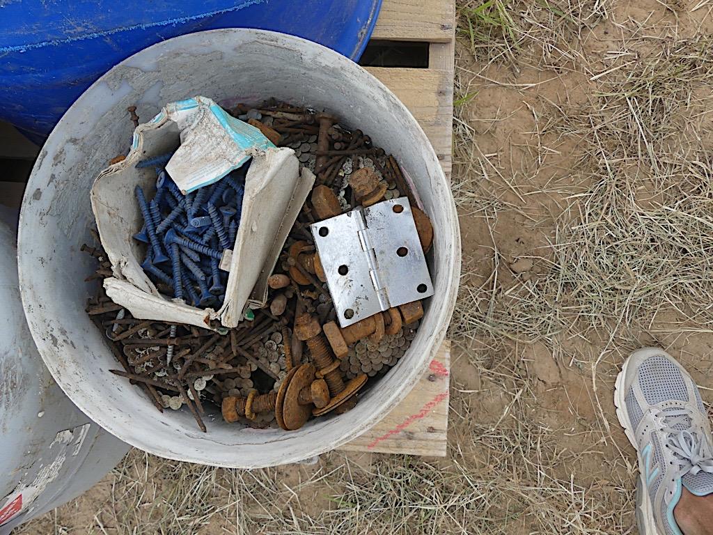 Propane Tank, 2 Large Blue Tubs Misc Items, 2 Buckets of Nails and Screws