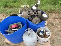 Propane Tank, 2 Large Blue Tubs Misc Items, 2 Buckets of Nails and Screws