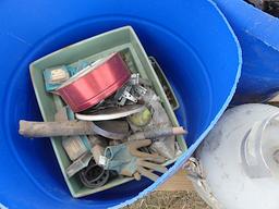 Propane Tank, 2 Large Blue Tubs Misc Items, 2 Buckets of Nails and Screws