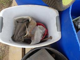 Propane Tank, 2 Large Blue Tubs Misc Items, 2 Buckets of Nails and Screws