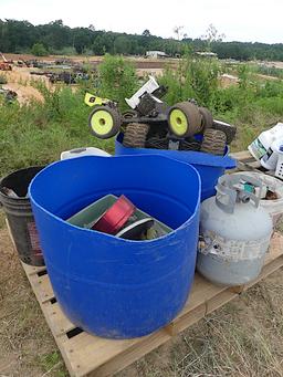 Propane Tank, 2 Large Blue Tubs Misc Items, 2 Buckets of Nails and Screws