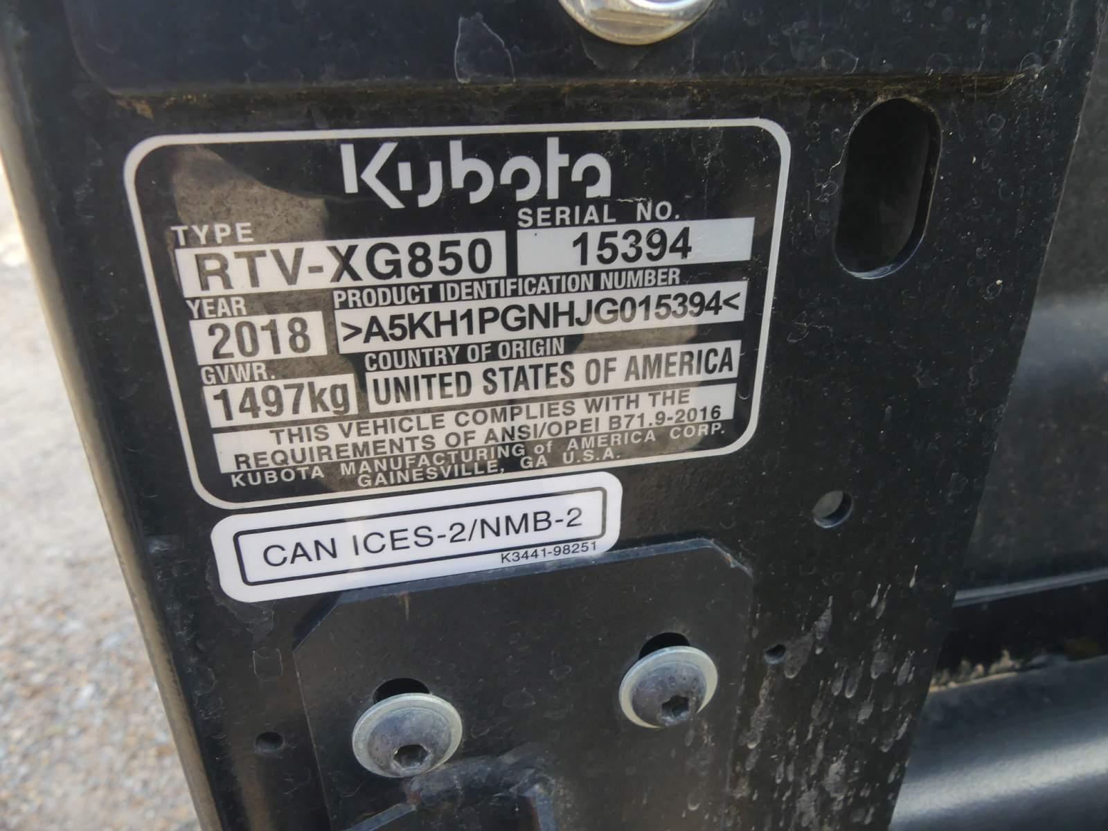 2018 Kubota RTV-XG850 Sidekick Utility Vehicle, s/n A5KH1PGNHJG015394 (No T