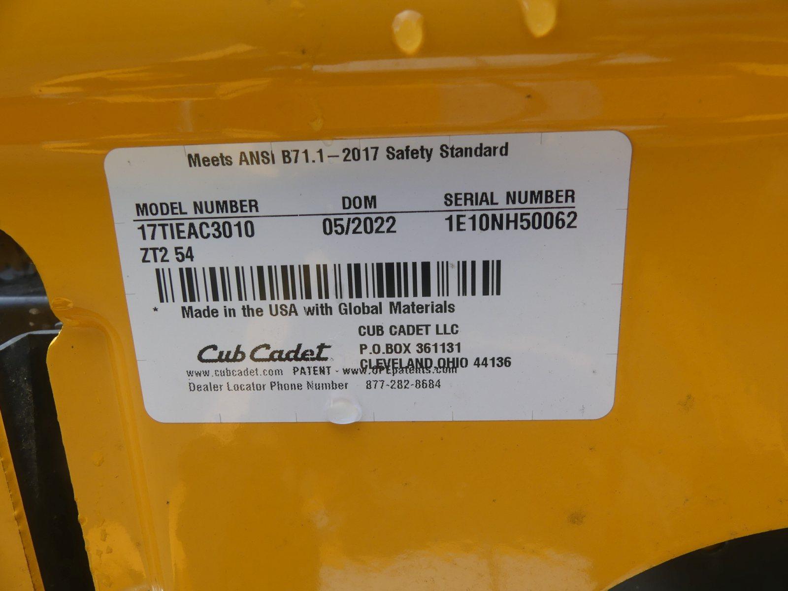 Unused 2022 Cub Cadet Ultima ZT2 Zero-turn Mower, s/n 50062: 54" Cut, Kawas