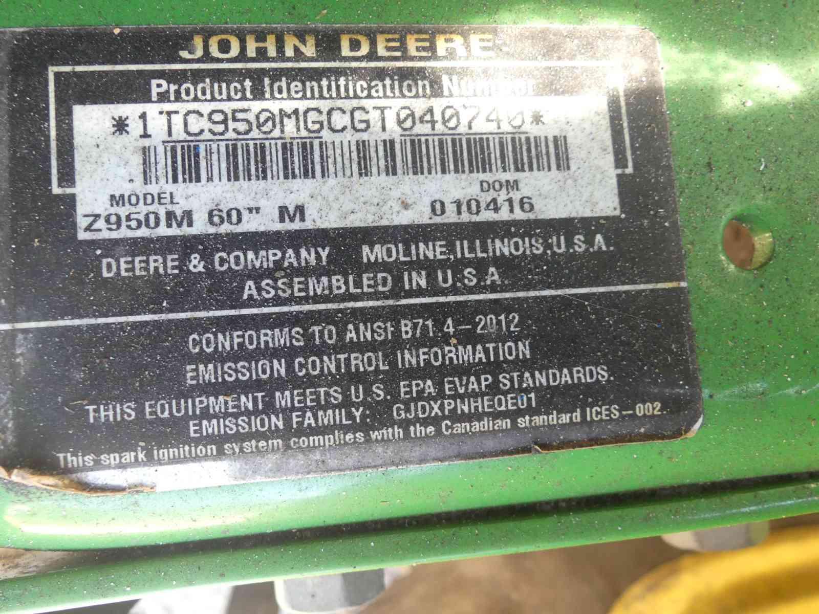 John Deere Z950M Zero-turn Mower, s/n 1TC950MGCGT040740: Meter Shows 1725 h