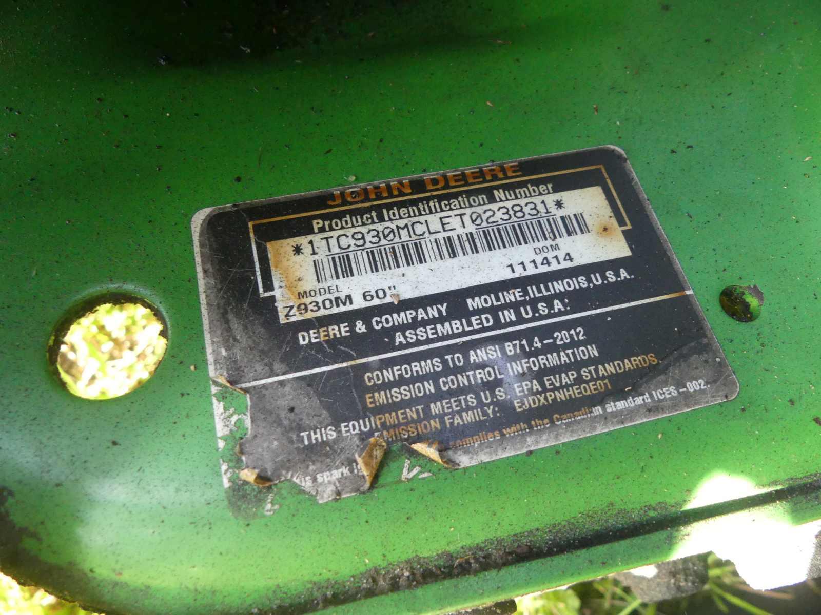 John Deere Z930M Zero-turn Mower, s/n 1TC930MCLET023831
