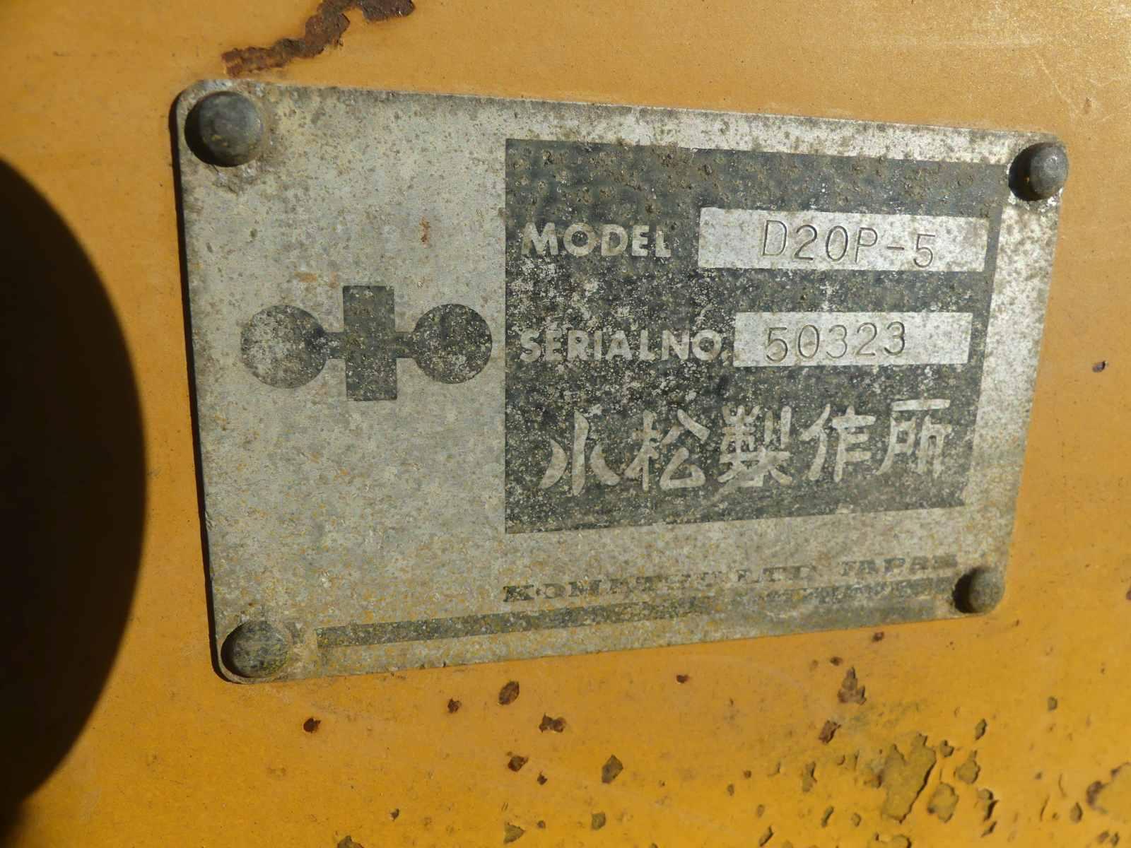 Komatsu D20P Dozer, s/n 50323: 4-post Canopy, 6-way Blade, Pyramid Tracks,