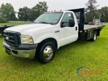 2006 Ford F350 Flatbed Truck, s/n 1FDWF36516EC38010: Reg. Cab, Auto, Headache Rack, Odometer Shows 2