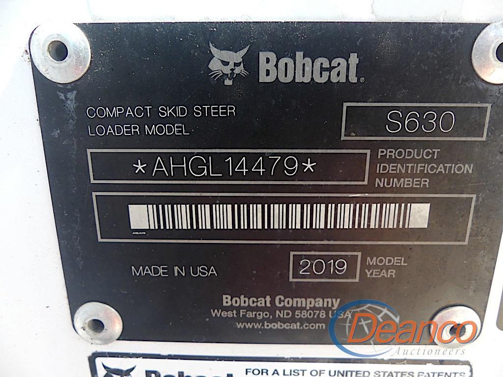 2019 Bobcat S630 Skid Steer, s/n AHGL14479: Canopy, High Flow, Rubber-tired