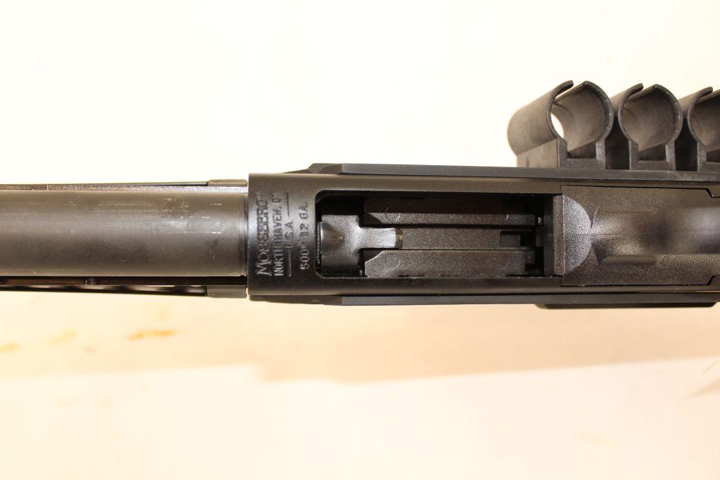 Mossberg Model 500, 12 gauge pump, collapsible stock, Talon F/E, 18.5" Barrel, matte with heath shie
