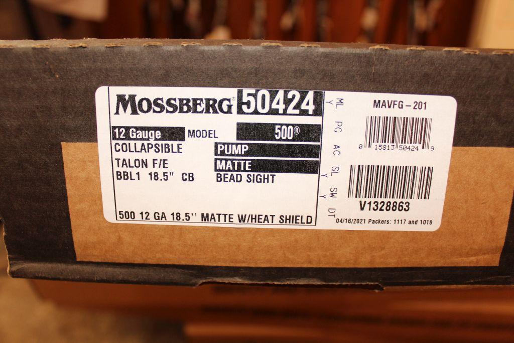 Mossberg Model 500, 12 gauge pump, collapsible stock, Talon F/E, 18.5" Barrel, matte with heath shie