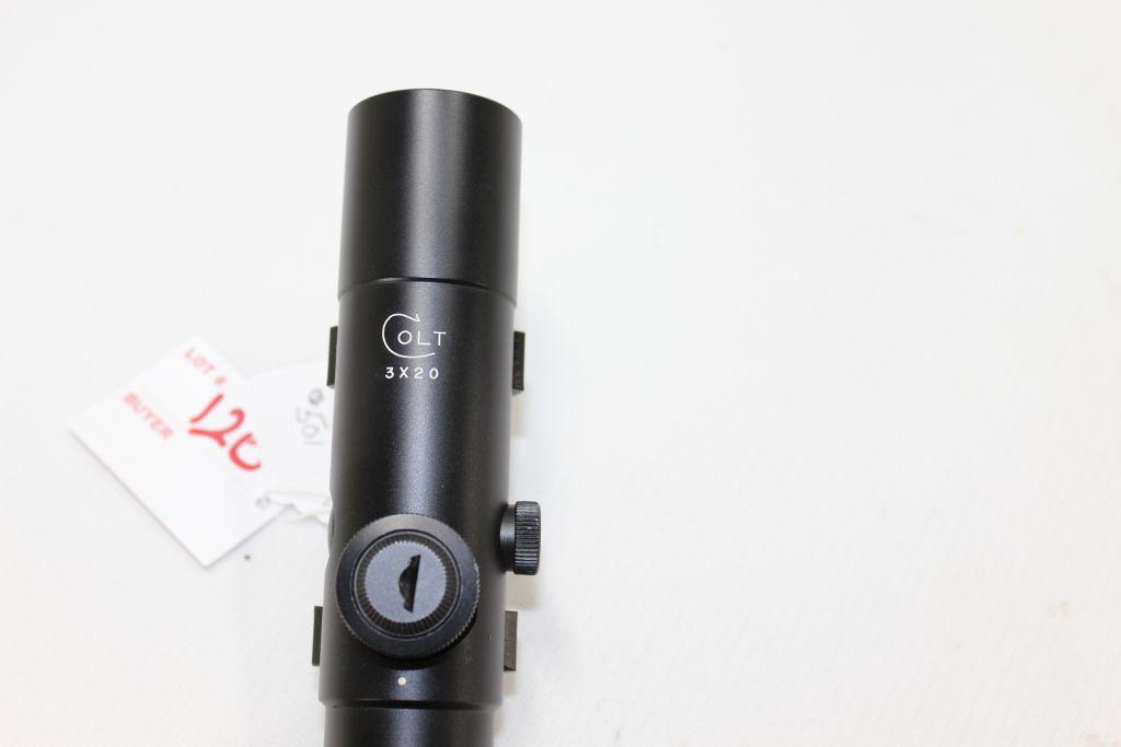 Colt manufactured 3x20 AR 15 carry handle scope with built in mount, excellent condition, w/duplex c