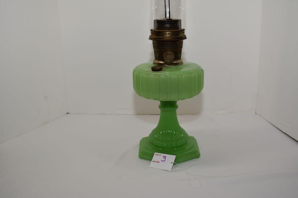 Oil Lamp, Jadeite Aladdin, Small Crack In Chimney