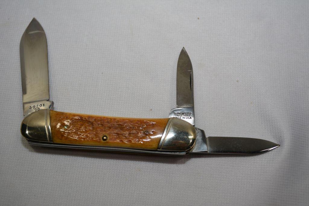 Winchester Cartridge Series folding 3 blade knife, W18 39201 AG, '98, bone handle, .30-30 cartridge,