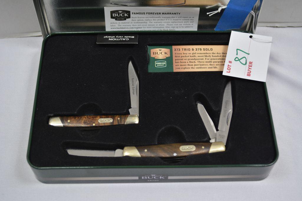Buck Knife Special Edition Set, #373 Trio and #379 Solo folding knifes in metal case