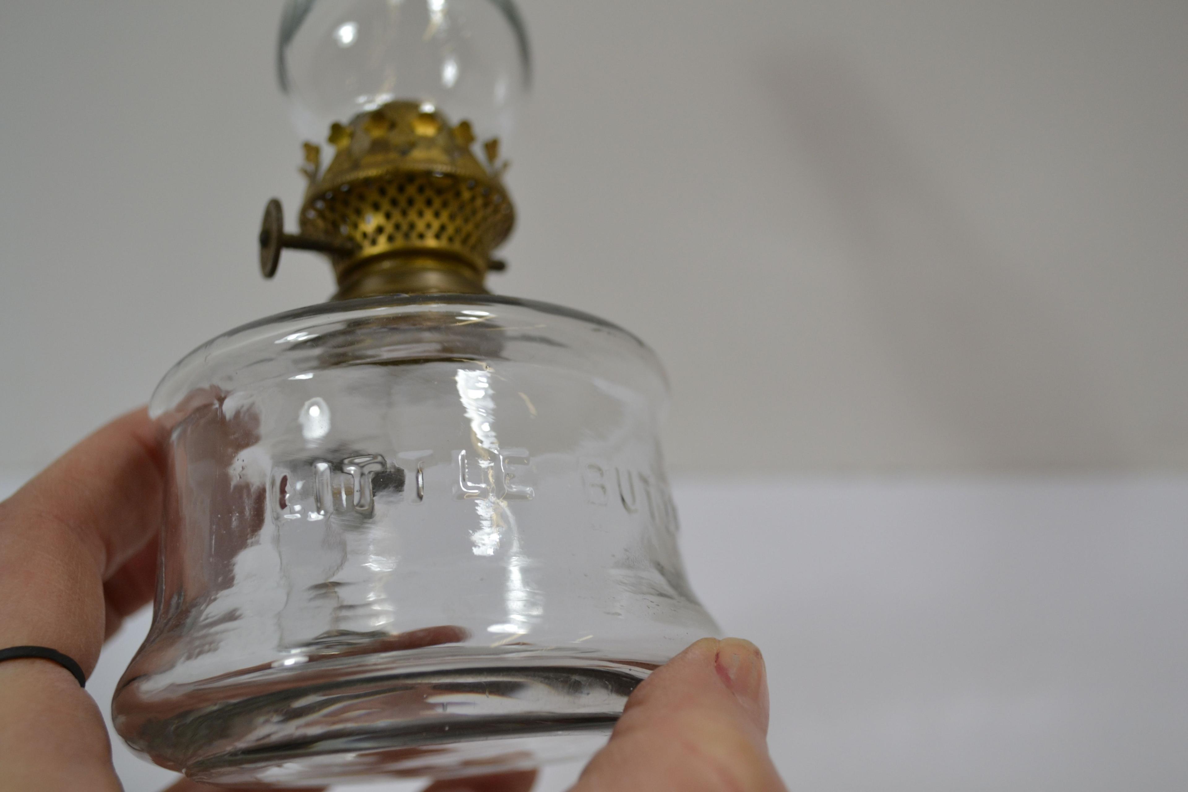 Pair of Mini Oil Finger Lamps; w/Glass Bases; One Missing Chimney and One "Little Buttercup" On Base