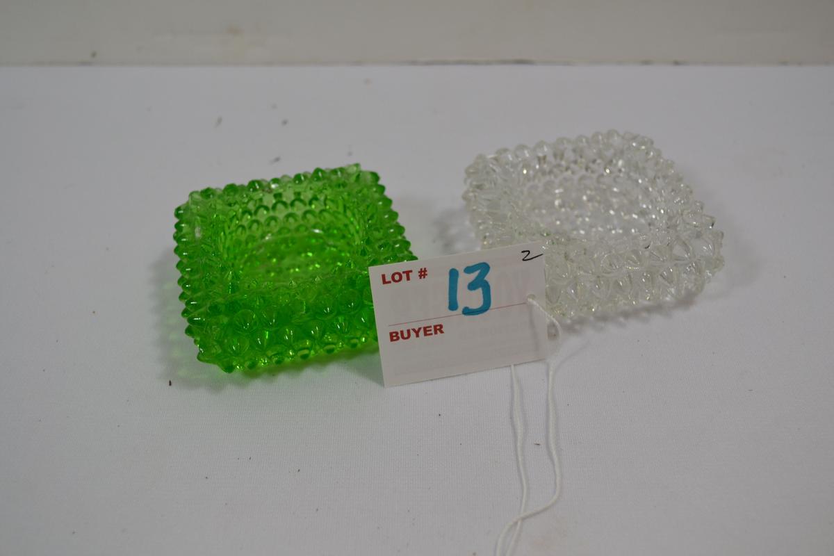 Pair of Hobnail Green/Clear Salt Wells; 3"