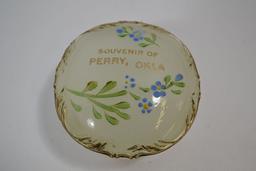 Handpainted Opalescent Trinket Container Marked "Souvenir Of Perry, Okla."